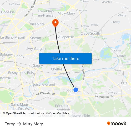 Torcy to Mitry-Mory map