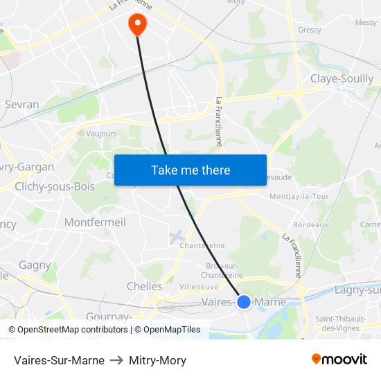 Vaires-Sur-Marne to Mitry-Mory map