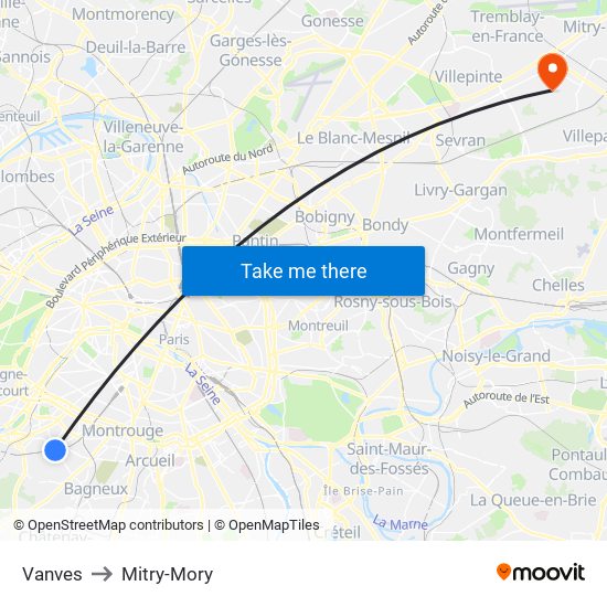 Vanves to Mitry-Mory map