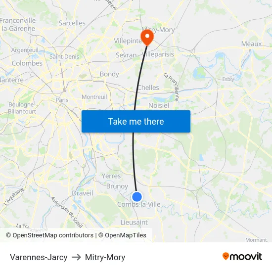 Varennes-Jarcy to Mitry-Mory map