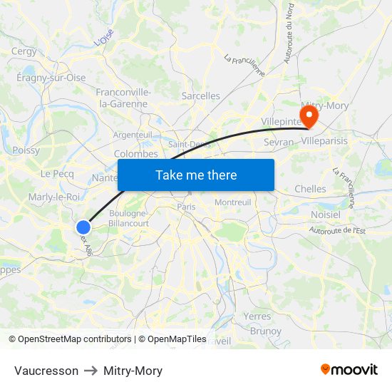 Vaucresson to Mitry-Mory map