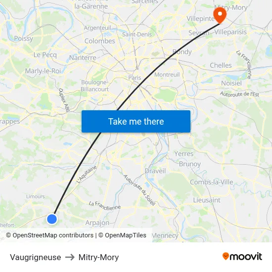 Vaugrigneuse to Mitry-Mory map