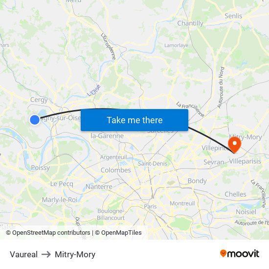Vaureal to Mitry-Mory map