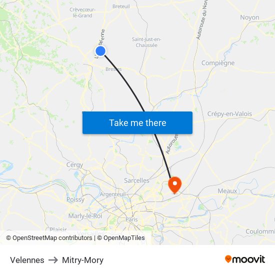 Velennes to Mitry-Mory map