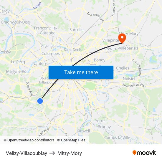 Velizy-Villacoublay to Mitry-Mory map
