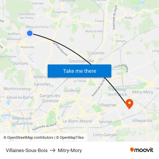 Villaines-Sous-Bois to Mitry-Mory map