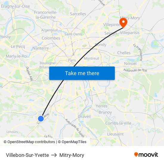 Villebon-Sur-Yvette to Mitry-Mory map