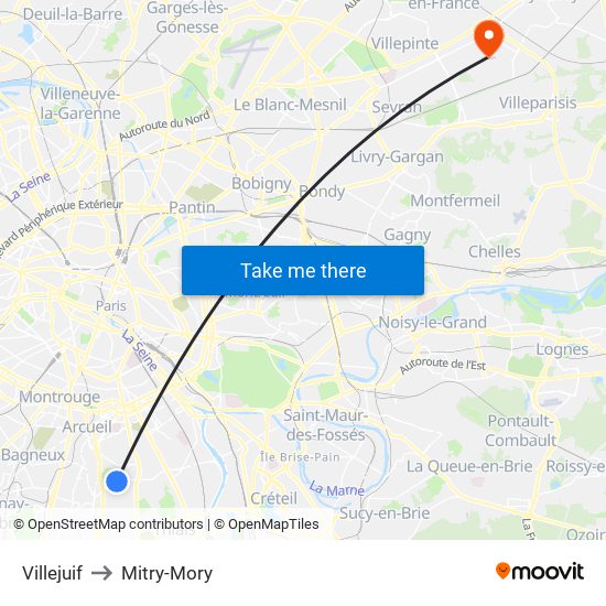 Villejuif to Mitry-Mory map