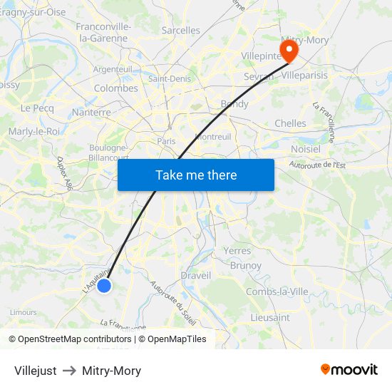 Villejust to Mitry-Mory map