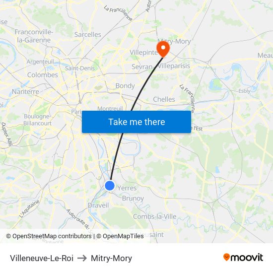 Villeneuve-Le-Roi to Mitry-Mory map