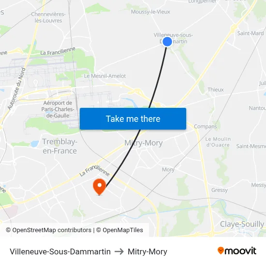 Villeneuve-Sous-Dammartin to Mitry-Mory map