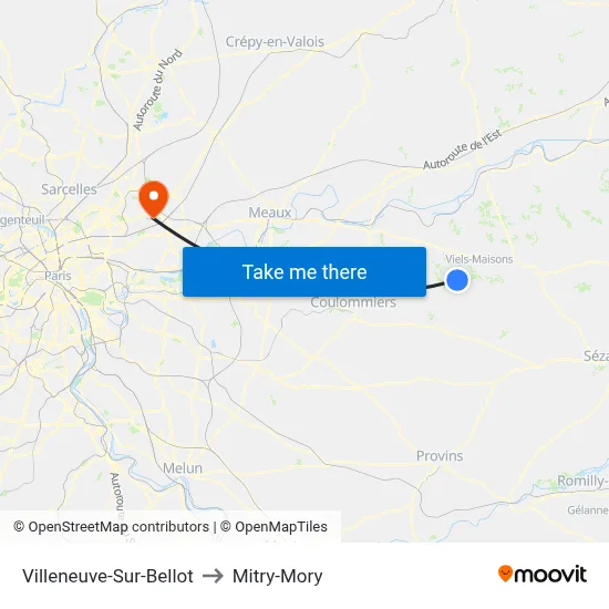 Villeneuve-Sur-Bellot to Mitry-Mory map