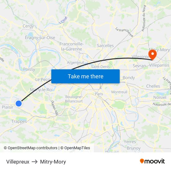 Villepreux to Mitry-Mory map