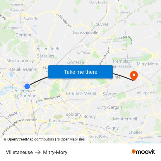 Villetaneuse to Mitry-Mory map
