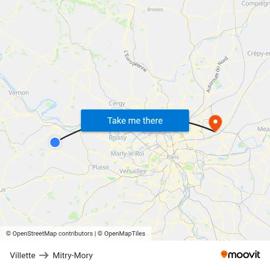 Villette to Mitry-Mory map