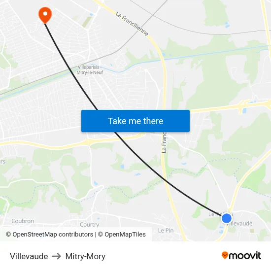 Villevaude to Mitry-Mory map