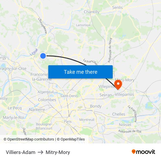 Villiers-Adam to Mitry-Mory map
