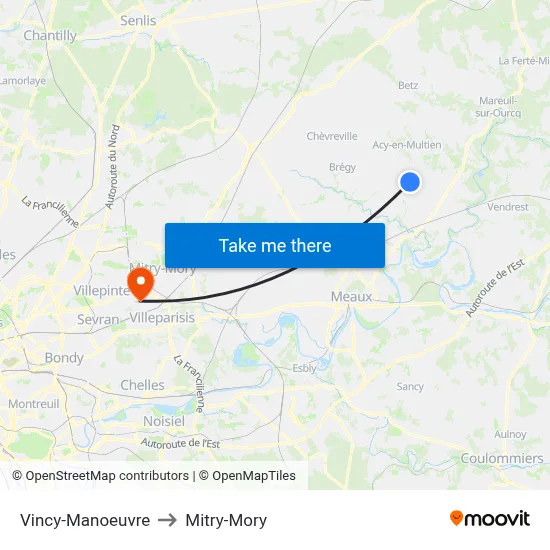 Vincy-Manoeuvre to Mitry-Mory map