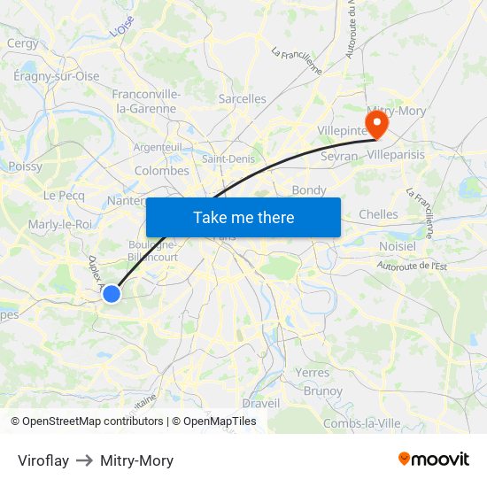 Viroflay to Mitry-Mory map