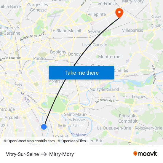 Vitry-Sur-Seine to Mitry-Mory map