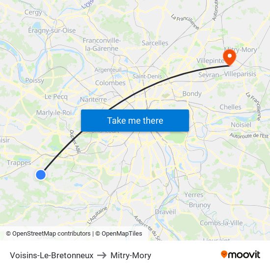 Voisins-Le-Bretonneux to Mitry-Mory map