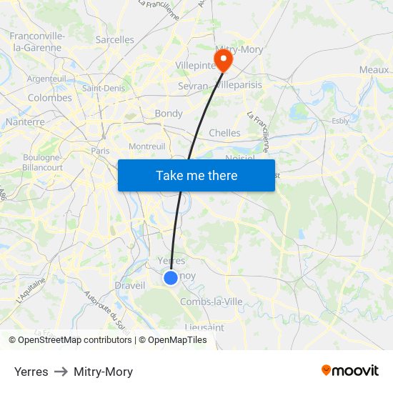 Yerres to Mitry-Mory map