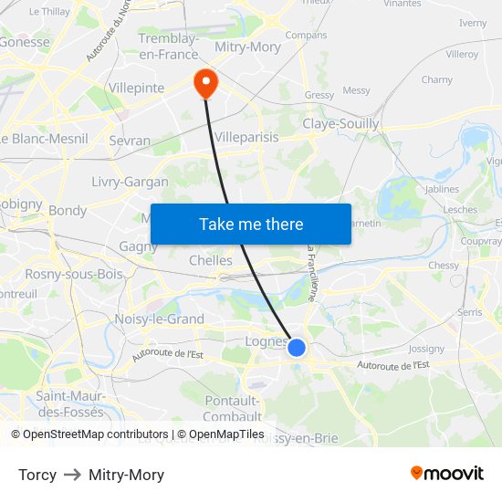 Torcy to Mitry-Mory map