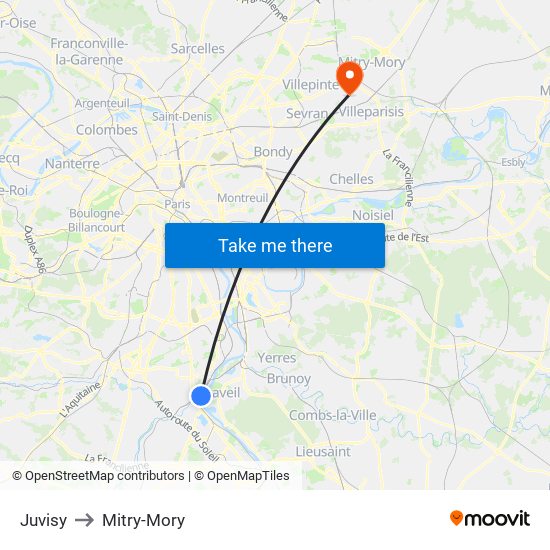 Juvisy to Mitry-Mory map