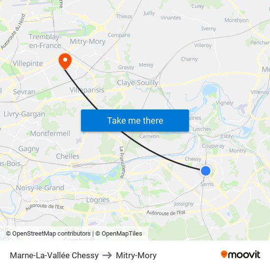 Marne-La-Vallée Chessy to Mitry-Mory map