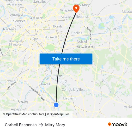 Corbeil-Essonnes to Mitry-Mory map