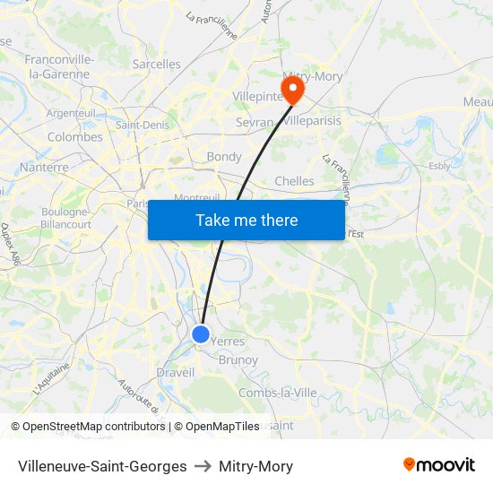 Villeneuve-Saint-Georges to Mitry-Mory map