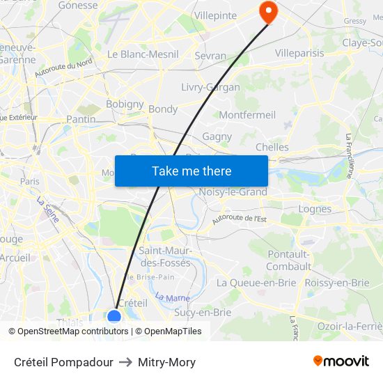 Créteil Pompadour to Mitry-Mory map