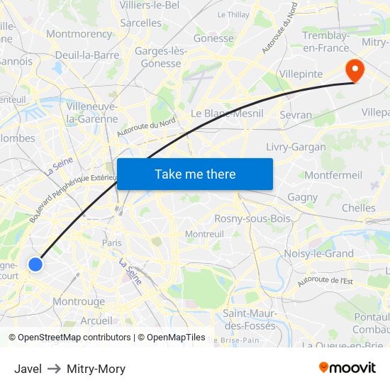 Javel to Mitry-Mory map