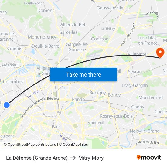 La Défense (Grande Arche) to Mitry-Mory map