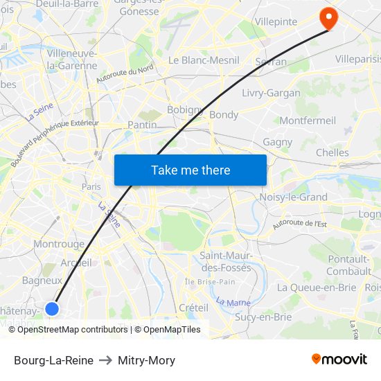 Bourg-La-Reine to Mitry-Mory map