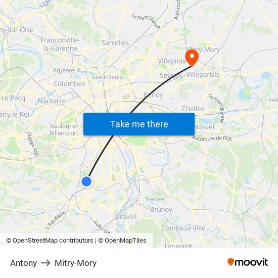 Antony to Mitry-Mory map