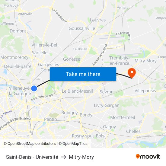 Saint-Denis - Université to Mitry-Mory map