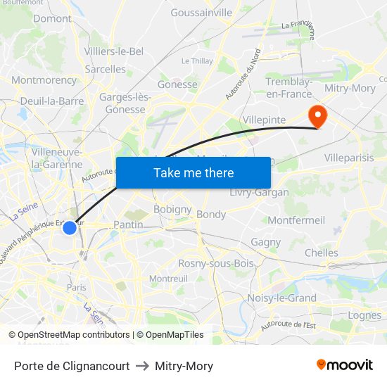 Porte de Clignancourt to Mitry-Mory map