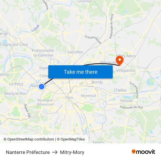 Nanterre Préfecture to Mitry-Mory map