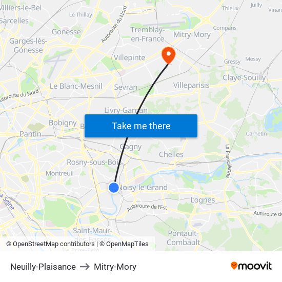 Neuilly-Plaisance to Mitry-Mory map