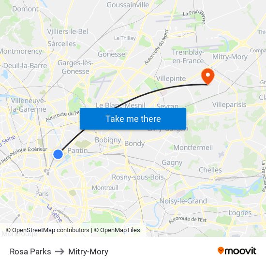 Rosa Parks to Mitry-Mory map