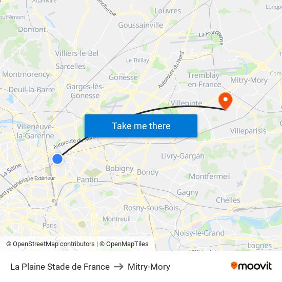 La Plaine Stade de France to Mitry-Mory map