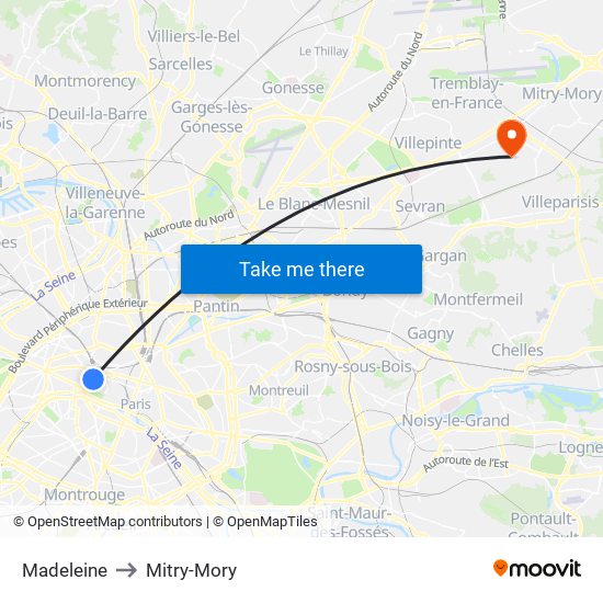 Madeleine to Mitry-Mory map