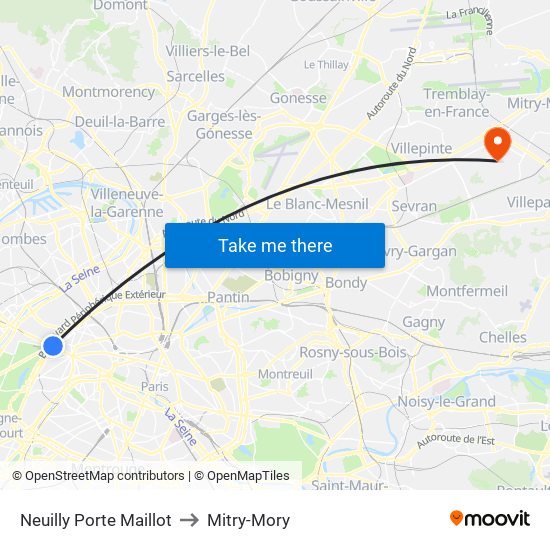 Neuilly Porte Maillot to Mitry-Mory map