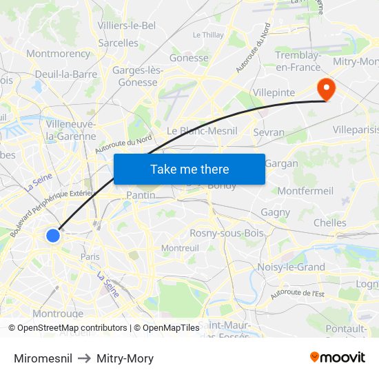 Miromesnil to Mitry-Mory map