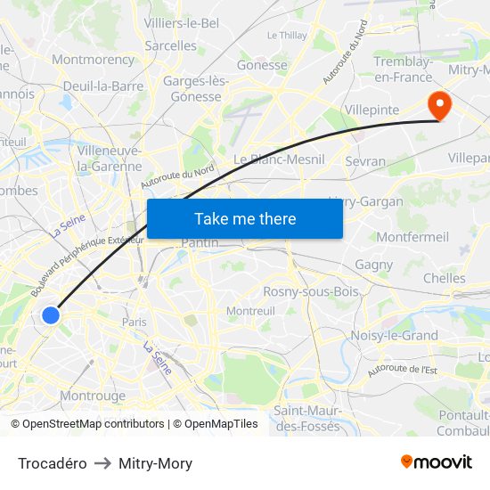Trocadéro to Mitry-Mory map