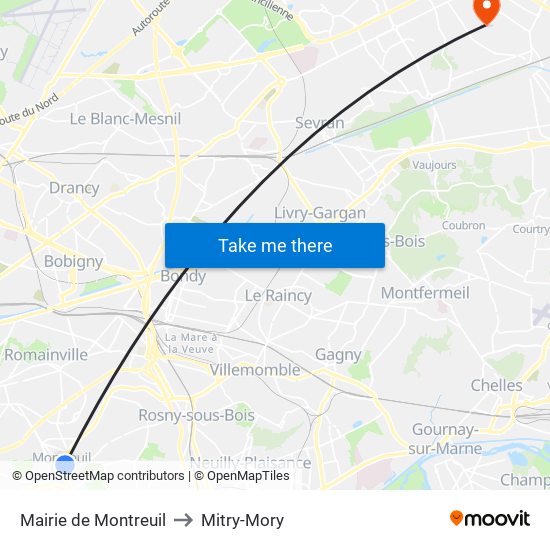 Mairie de Montreuil to Mitry-Mory map