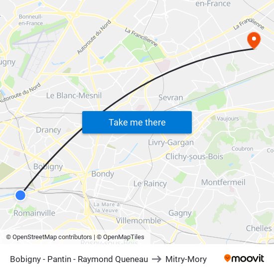Bobigny - Pantin - Raymond Queneau to Mitry-Mory map