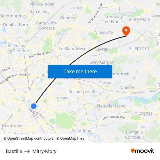 Bastille to Mitry-Mory map