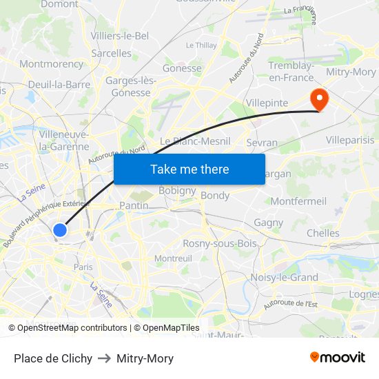 Place de Clichy to Mitry-Mory map